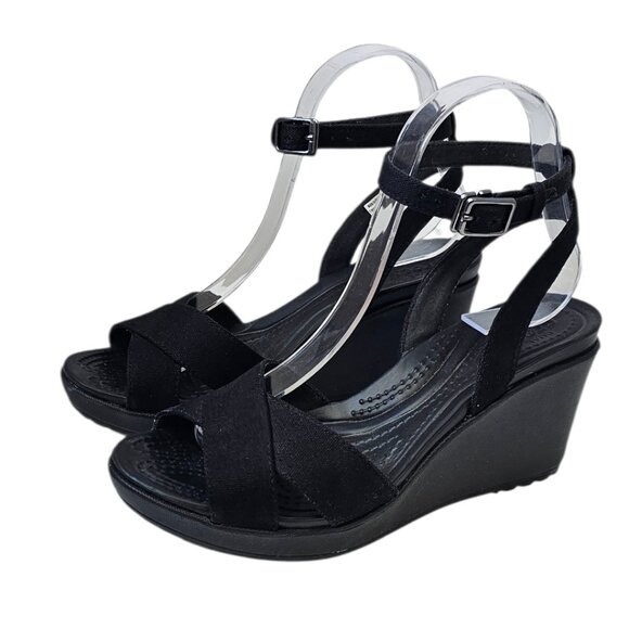 CROCS Womens Leigh ll Ankle Strap Wedge Sandals, Black, Size 7 - Picture 1 of 11